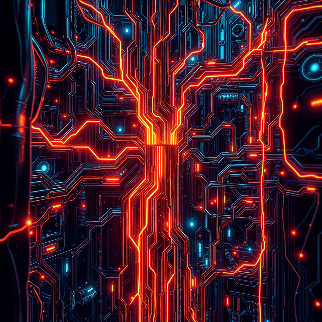Depict a complex network of interconnected circuits and wires, glowing with vibrant energy. Focus on the intricate details and the flow of electricity. The style should be technical and futuristic, inspired by the inner workings of a supercomputer.