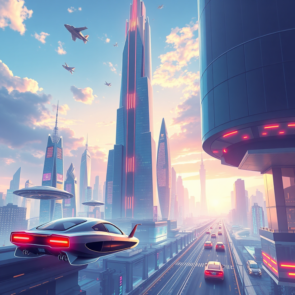 Depict a futuristic cityscape, with flying cars and towering skyscrapers. The colors should be bright and optimistic, representing the limitless possibilities of the future. The style should be sleek and modern.